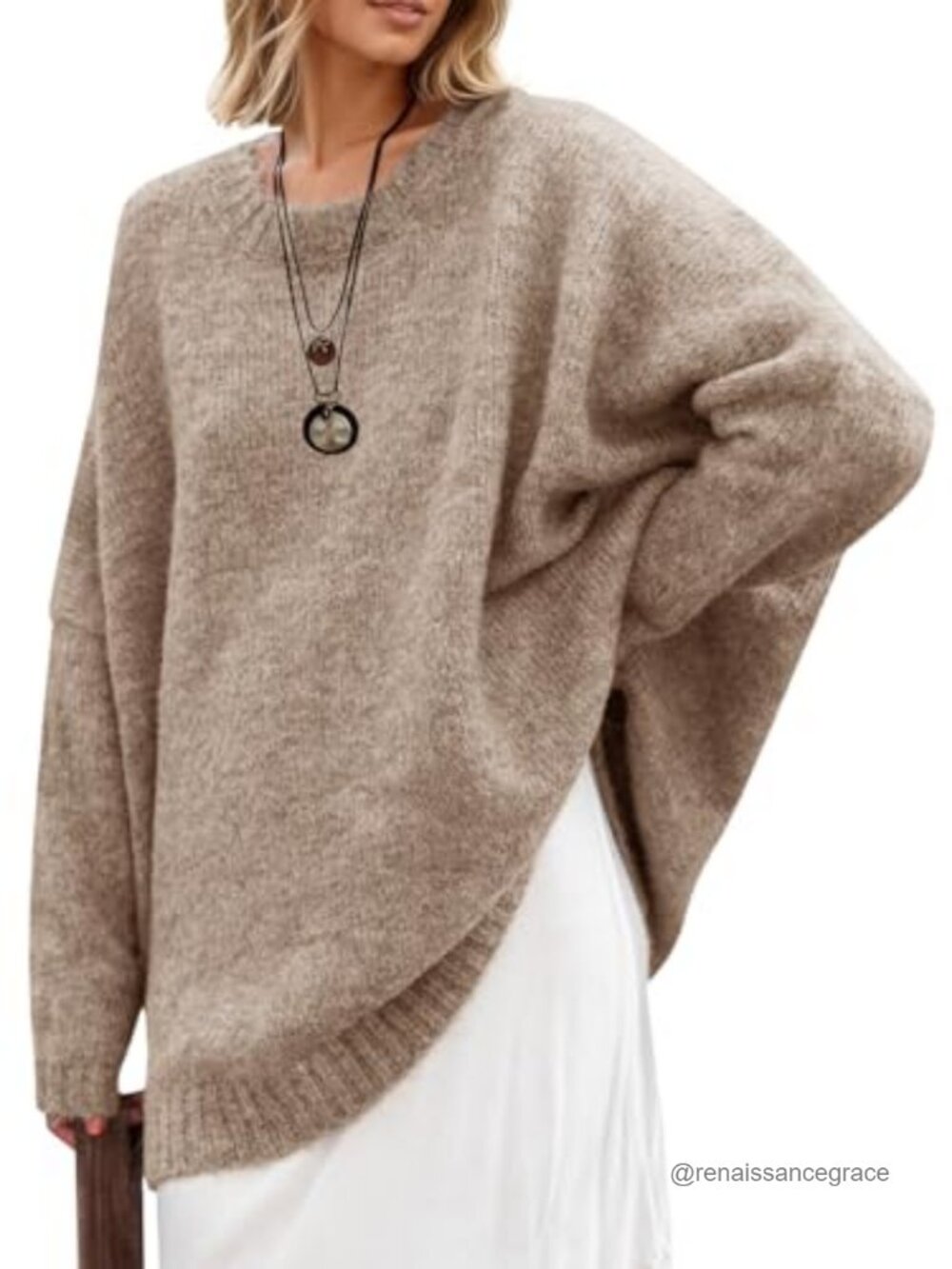 Oversized Tunic Sweater Chunky Knit Slouchy Pullover Crew Neck Long Sleeve